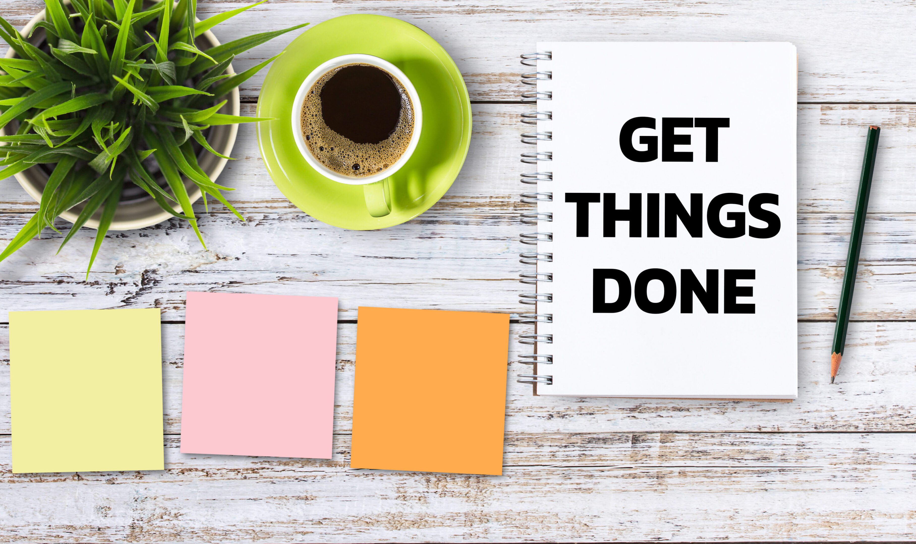 Business quotes, GET THINGS DONE on notebook or paper in office desk, office workplace, inspiration, motivation quotes concept.